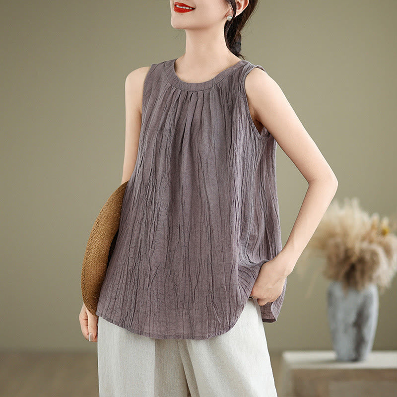 Buddha Stones Summer Wrinkles Simple Design Crew Neck Cotton Linen Women's Sleeveless Vest Waistcoat - Plum - US8-10,UK/AU12-14,EU40-42 (2XL) - image 20