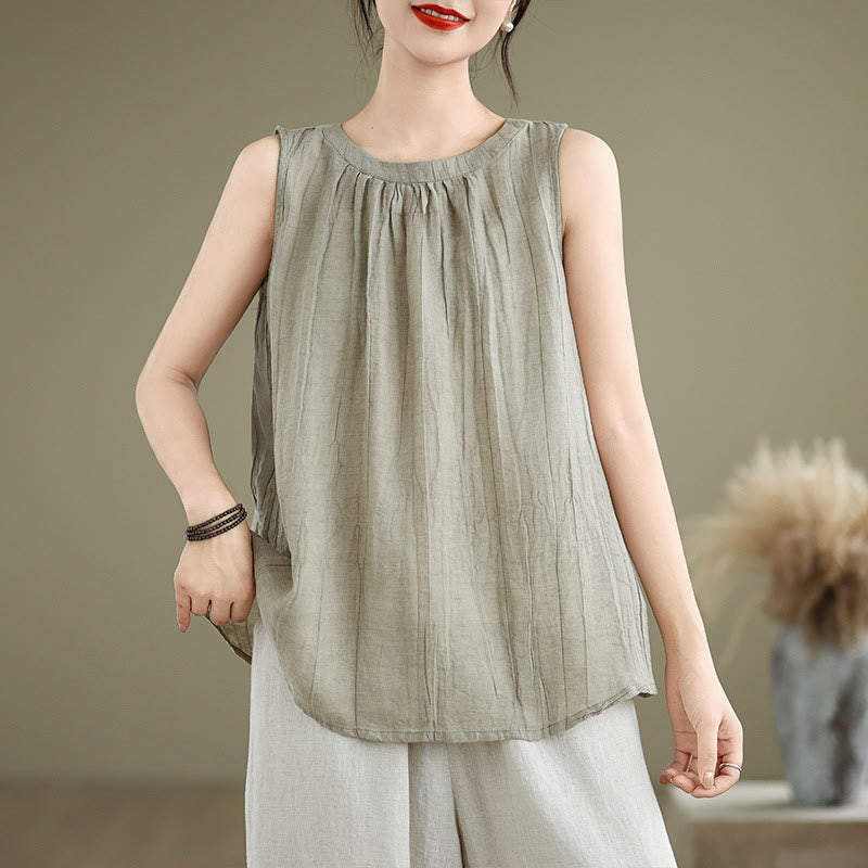 Buddha Stones Summer Wrinkles Simple Design Crew Neck Cotton Linen Women's Sleeveless Vest Waistcoat - DarkKhaki - US8-10,UK/AU12-14,EU40-42 (2XL) - image 0
