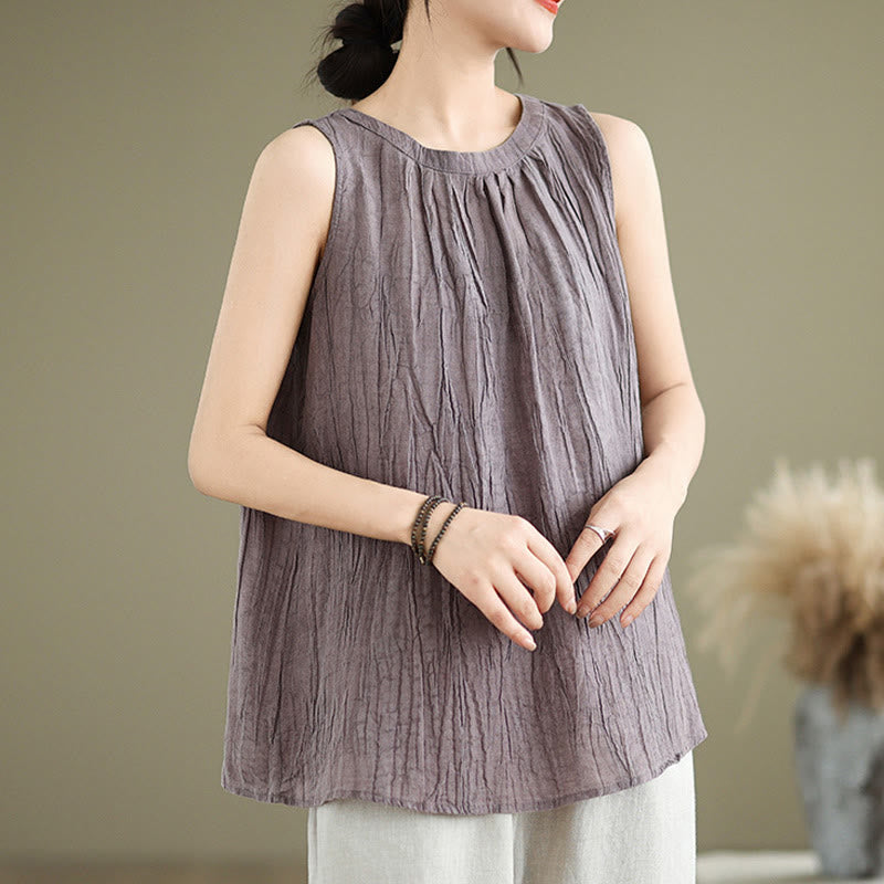 Buddha Stones Summer Wrinkles Simple Design Crew Neck Cotton Linen Women's Sleeveless Vest Waistcoat - image 25