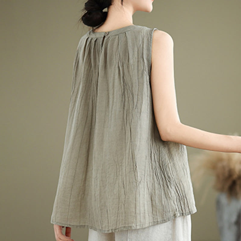 Buddha Stones Summer Wrinkles Simple Design Crew Neck Cotton Linen Women's Sleeveless Vest Waistcoat - image 2