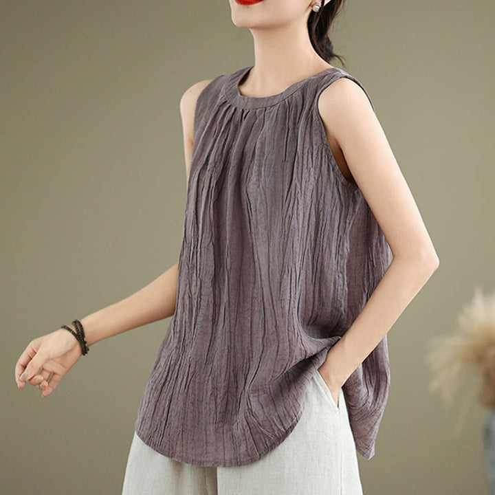 Buddha Stones Summer Wrinkles Simple Design Crew Neck Cotton Linen Women's Sleeveless Vest Waistcoat - image 21