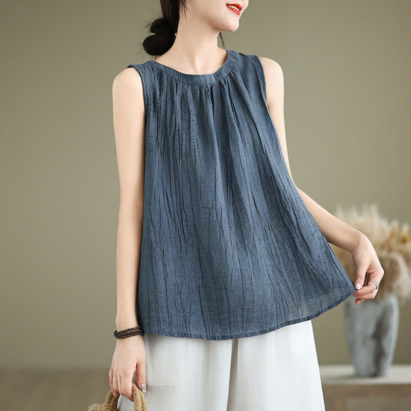 Buddha Stones Summer Wrinkles Simple Design Crew Neck Cotton Linen Women's Sleeveless Vest Waistcoat - DarkBlue - US8-10,UK/AU12-14,EU40-42 (2XL) - image 15