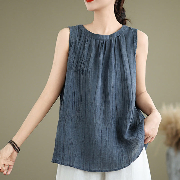 Buddha Stones Summer Wrinkles Simple Design Crew Neck Cotton Linen Women's Sleeveless Vest Waistcoat - image 17