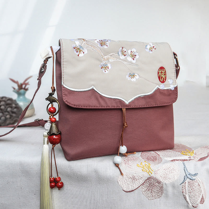 Buddha Stones Plain Brown Embroidered Plum Bossom Cotton Linen Crossbody Bag Shoulder Bag - Brown Plum Bossom 17*19cm - image 0