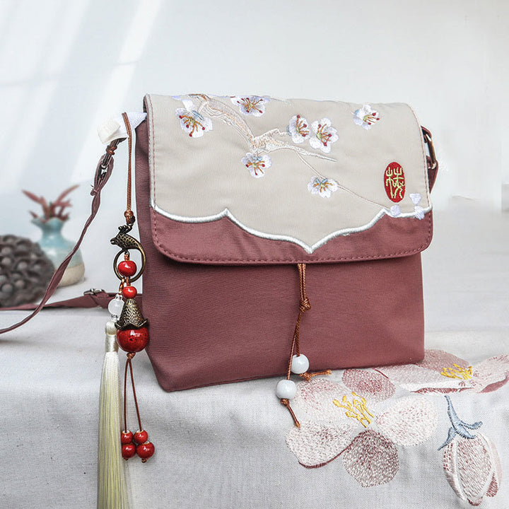 Buddha Stones Plain Brown Embroidered Plum Bossom Cotton Linen Crossbody Bag Shoulder Bag - Brown Plum Bossom 17*19cm - image 0