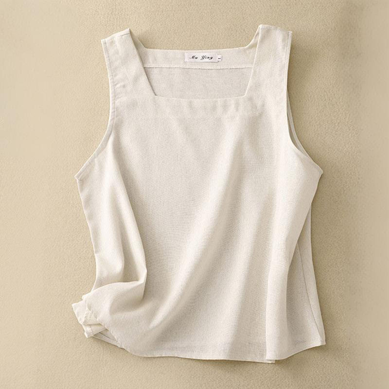 Buddha Stones Summer Square Collar Women's Cotton Linen Sleeveless Vest - Beige - US8-10,UK/AU12-14,EU40-42 (2XL) - image 4