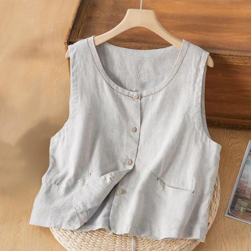 Buddha Stones Single Breasted Sleeveless Design Cotton Linen Women's Vest WIth Pockets - LightGrey - US8-10,UK/AU12-14,EU40-42 (2XL) - image 1