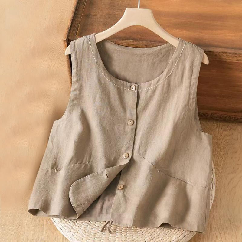 Buddha Stones Single Breasted Sleeveless Design Cotton Linen Women's Vest WIth Pockets - BurlyWood - US8-10,UK/AU12-14,EU40-42 (2XL) - image 0