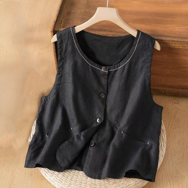 Buddha Stones Single Breasted Sleeveless Design Cotton Linen Women's Vest WIth Pockets - Black - US8-10,UK/AU12-14,EU40-42 (2XL) - image 2