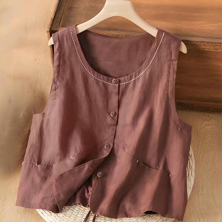 Buddha Stones Single Breasted Sleeveless Design Cotton Linen Women's Vest WIth Pockets - Brown - US8-10,UK/AU12-14,EU40-42 (2XL) - image 3