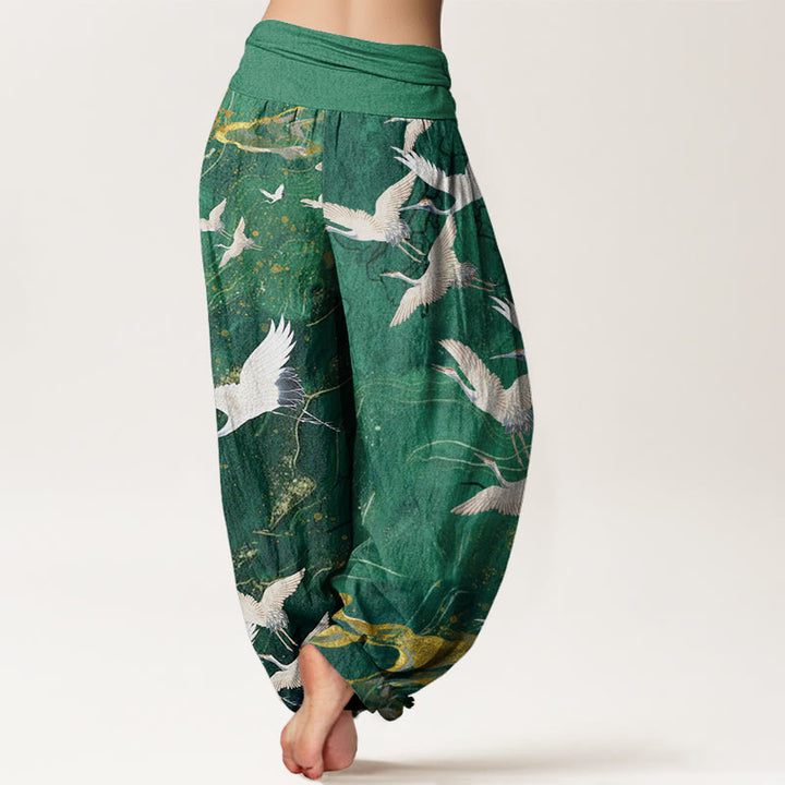 Buddha Stones Flying White Cranes Auspicious Clouds Design Women's Elastic Waist Harem Pants - image 1
