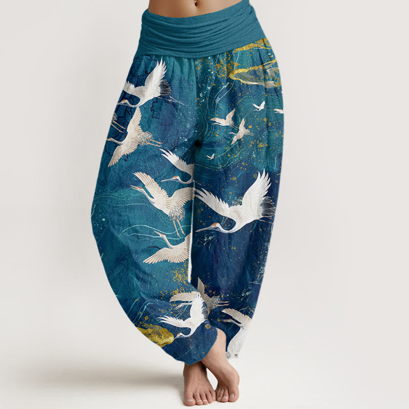 Buddha Stones Flying White Cranes Auspicious Clouds Design Women's Elastic Waist Harem Pants - DarkCyan - US22,UK/AU26,EU54 (6XL) - image 4