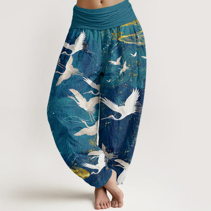 Buddha Stones Flying White Cranes Auspicious Clouds Design Women's Elastic Waist Harem Pants - DarkCyan - US22,UK/AU26,EU54 (6XL) - image 4