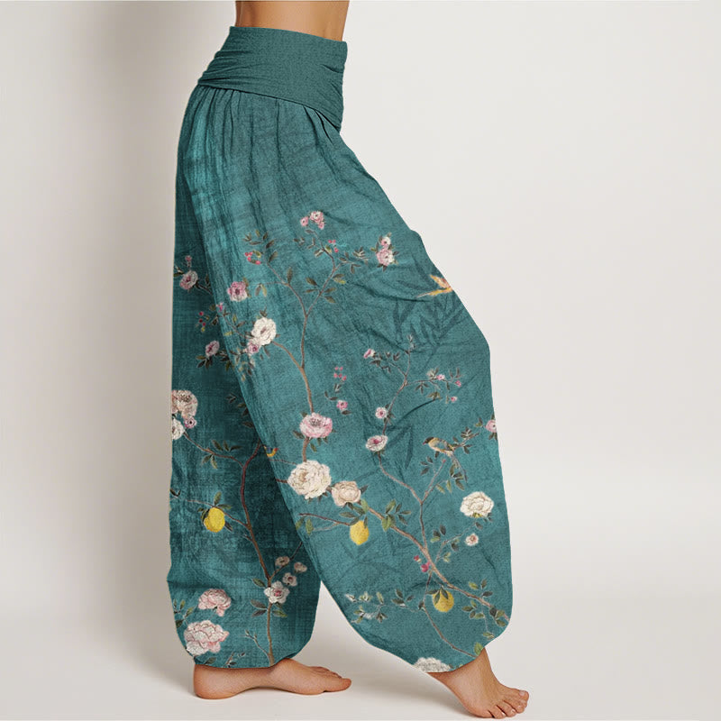 Buddha Stones Pink White Flowers Bamboo Leaves Fruits Design Women's Elastic Waist Harem Pants - image 2