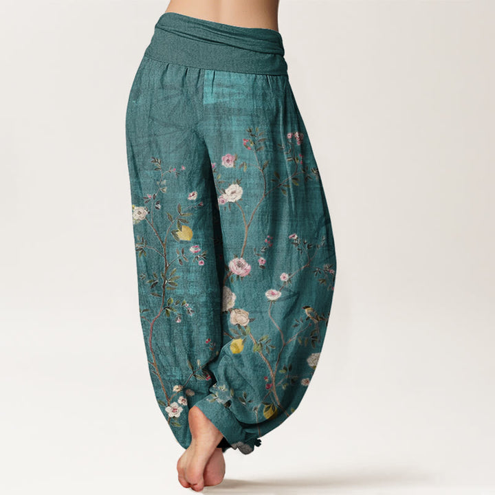 Buddha Stones Pink White Flowers Bamboo Leaves Fruits Design Women's Elastic Waist Harem Pants - image 1