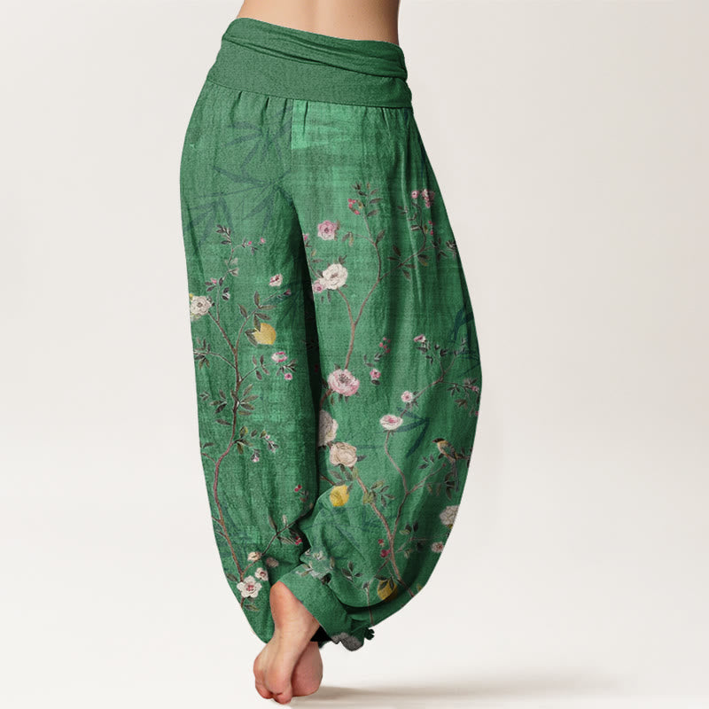 Buddha Stones Pink White Flowers Bamboo Leaves Fruits Design Women's Elastic Waist Harem Pants - image 5