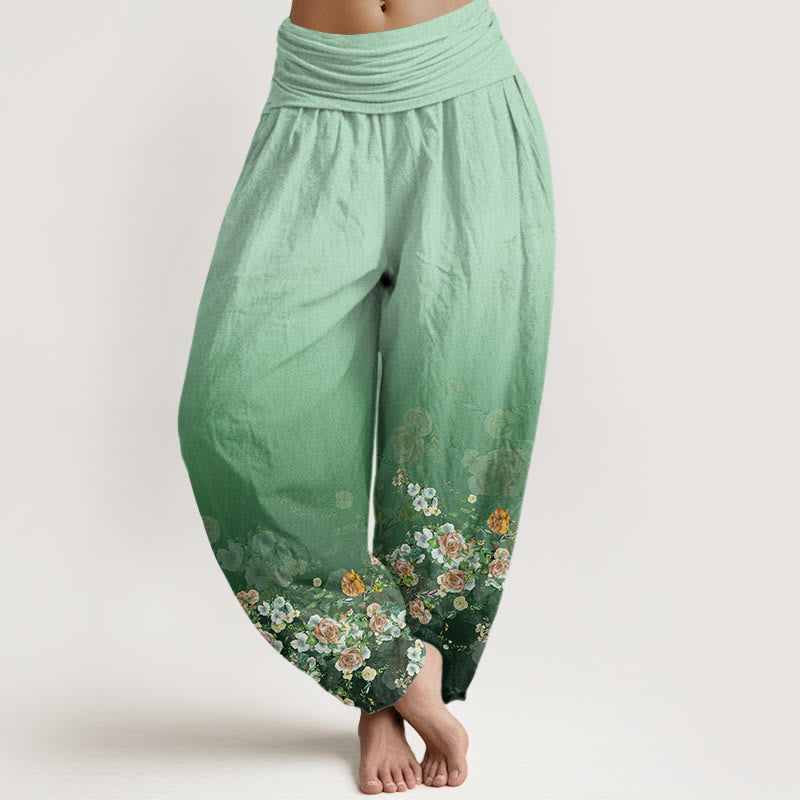 Buddha Stones Colorful Rose Flowers Design Women's Elastic Waist Harem Pants - Aquamarine - US22,UK/AU26,EU54 (6XL) - image 0