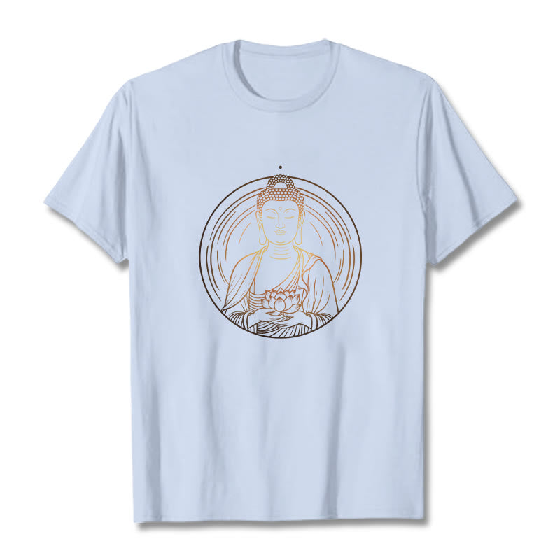 Buddha Stones Golden Buddha Holding A Lotus Flower Tee T-shirt - LightCyan - 2XL - image 18