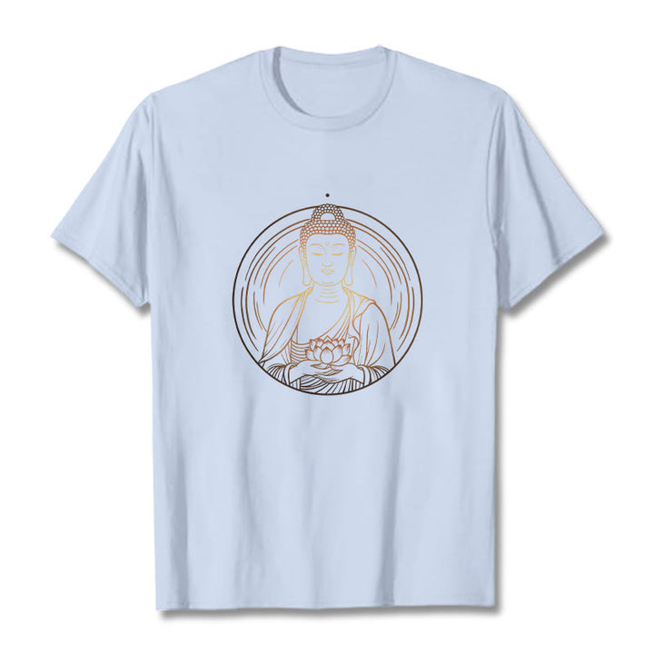 Buddha Stones Golden Buddha Holding A Lotus Flower Tee T-shirt - LightCyan - 2XL - image 18