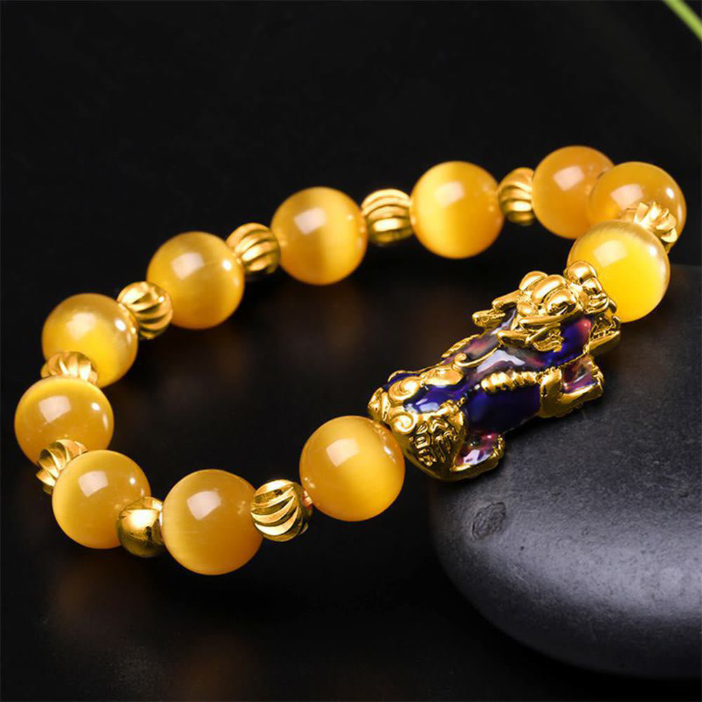 Buddha Stones Cat Eye Color Change PiXiu Support Bracelet - Yellow Cat's Eye - 10mm(Wrist Circumference 14-16cm) - image 0