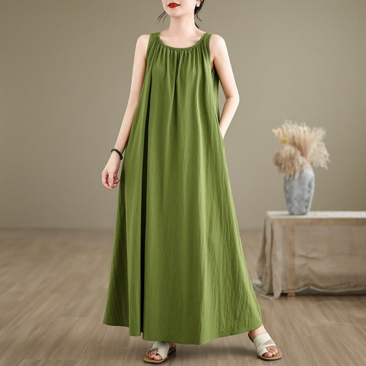 Buddha Stones Summer Casual Plain Pleated Design Sleeveless Crew Neck Cotton Midi Dress With Pockets - LimeGreen - US8-10,UK/AU12-14,EU40-42 (2XL) - image 0