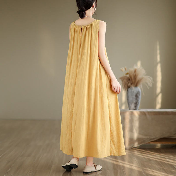 Buddha Stones Summer Casual Plain Pleated Design Sleeveless Crew Neck Cotton Midi Dress With Pockets - image 5