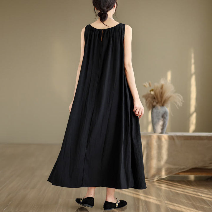 Buddha Stones Summer Casual Plain Pleated Design Sleeveless Crew Neck Cotton Midi Dress With Pockets - image 17