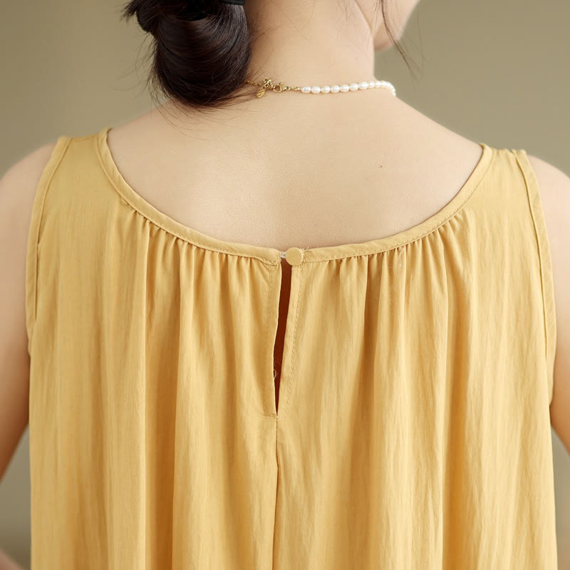 Buddha Stones Summer Casual Plain Pleated Design Sleeveless Crew Neck Cotton Midi Dress With Pockets - image 10