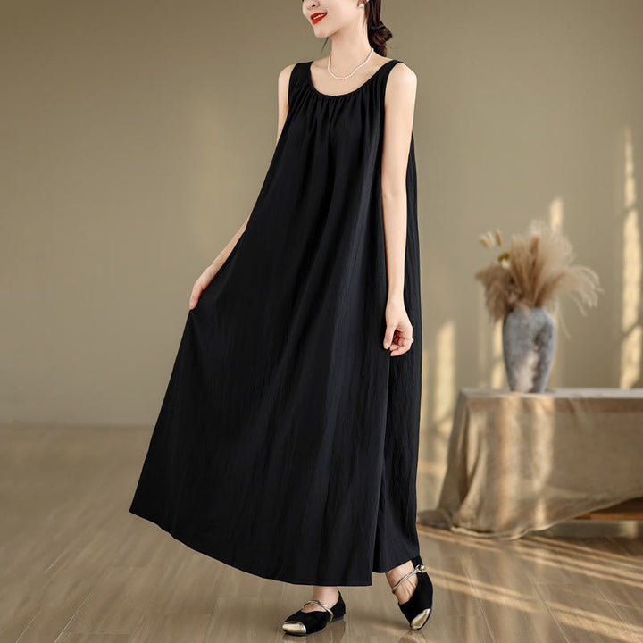 Buddha Stones Summer Casual Plain Pleated Design Sleeveless Crew Neck Cotton Midi Dress With Pockets - Black - US8-10,UK/AU12-14,EU40-42 (2XL) - image 14