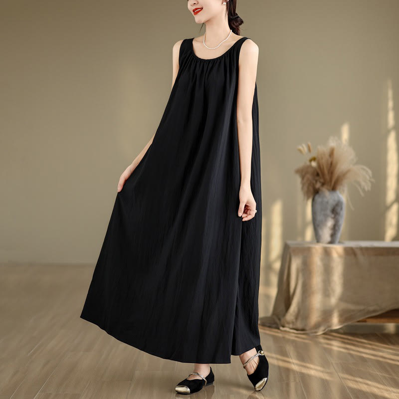 Buddha Stones Summer Casual Plain Pleated Design Sleeveless Crew Neck Cotton Midi Dress With Pockets - Black - US8-10,UK/AU12-14,EU40-42 (2XL) - image 14