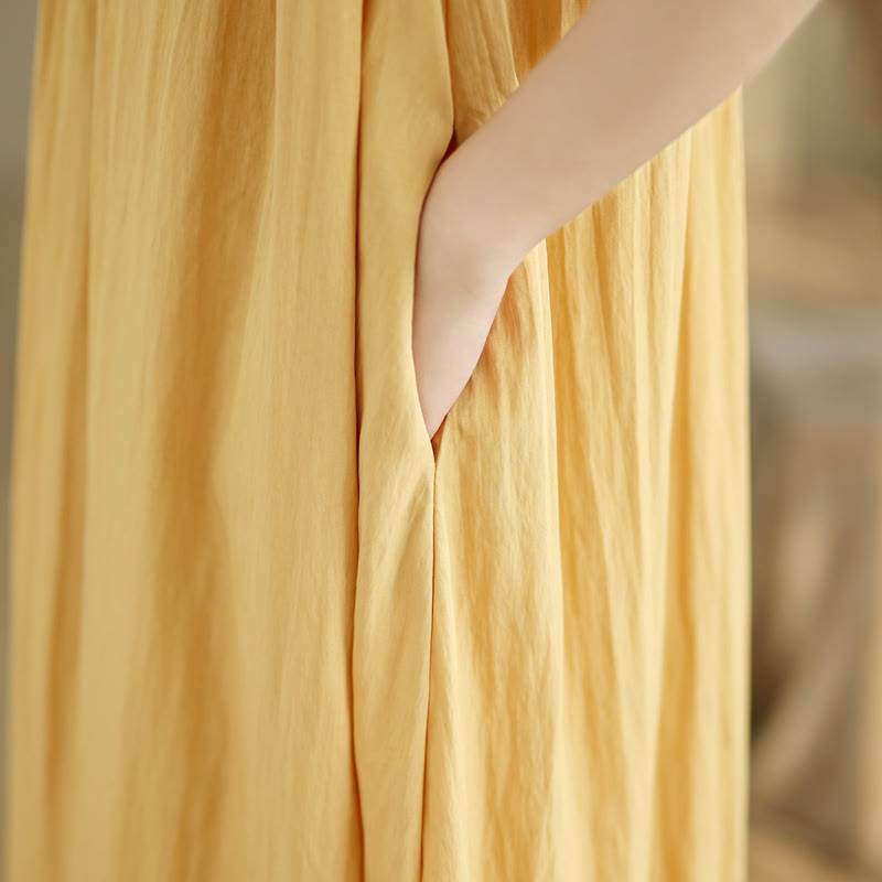 Buddha Stones Summer Casual Plain Pleated Design Sleeveless Crew Neck Cotton Midi Dress With Pockets - image 11