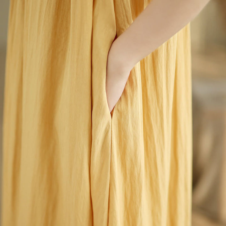 Buddha Stones Summer Casual Plain Pleated Design Sleeveless Crew Neck Cotton Midi Dress With Pockets - image 11