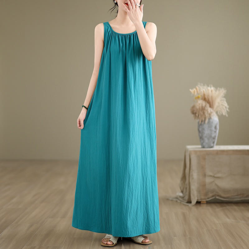 Buddha Stones Summer Casual Plain Pleated Design Sleeveless Crew Neck Cotton Midi Dress With Pockets - MediumTurquoise - US8-10,UK/AU12-14,EU40-42 (2XL) - image 1