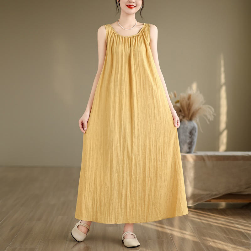 Buddha Stones Summer Casual Plain Pleated Design Sleeveless Crew Neck Cotton Midi Dress With Pockets - image 4