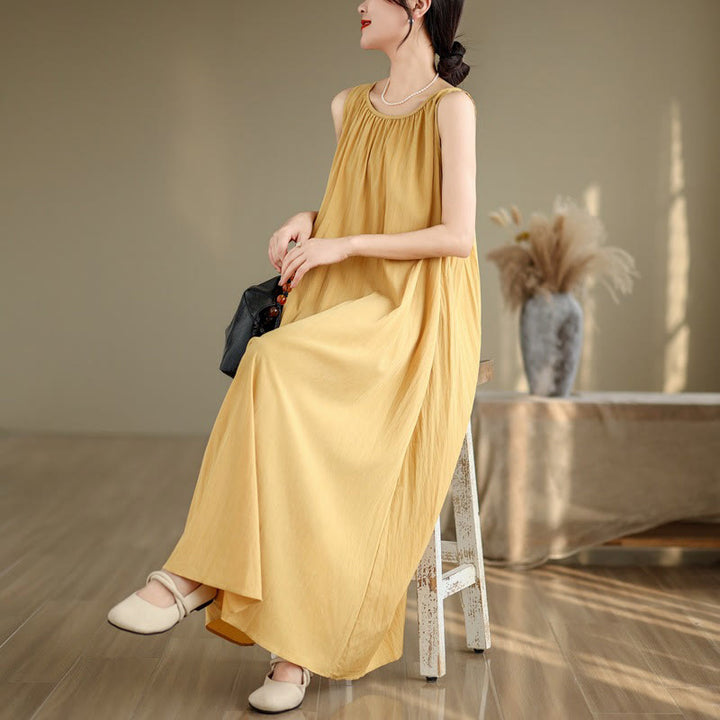 Buddha Stones Summer Casual Plain Pleated Design Sleeveless Crew Neck Cotton Midi Dress With Pockets - image 7