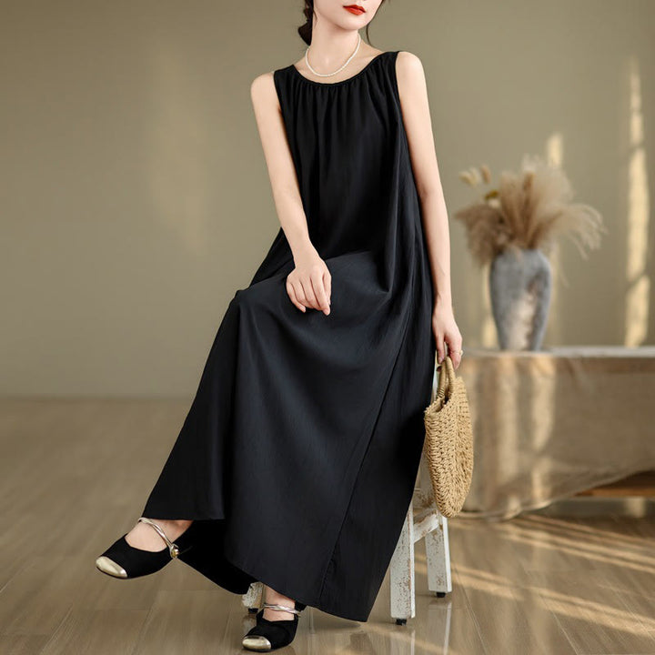 Buddha Stones Summer Casual Plain Pleated Design Sleeveless Crew Neck Cotton Midi Dress With Pockets - image 19