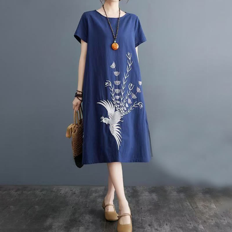 Buddha Stones Summer Printing Phoenix Pattern Short Sleeve Cotton Linen Midi Dress - image 7