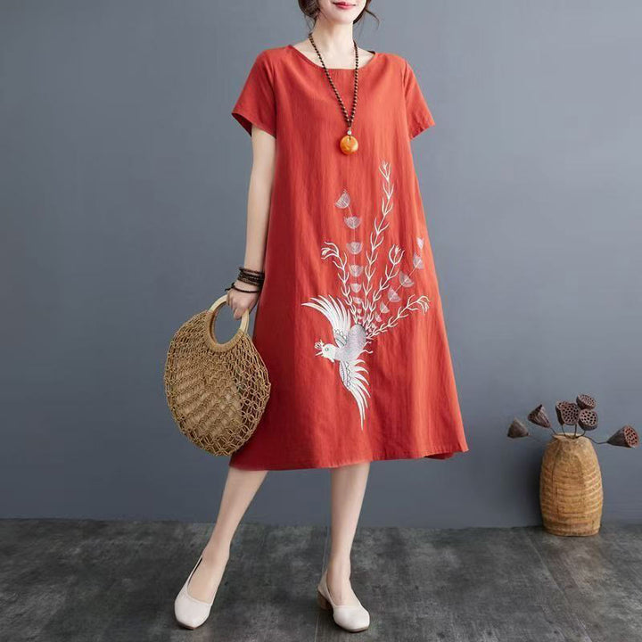Buddha Stones Summer Printing Phoenix Pattern Short Sleeve Cotton Linen Midi Dress - OrangeRed - US14,UK/AU18,EU46 (4XL) - image 0