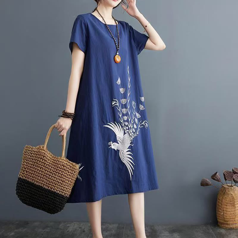 Buddha Stones Summer Printing Phoenix Pattern Short Sleeve Cotton Linen Midi Dress - Navy - US14,UK/AU18,EU46 (4XL) - image 4