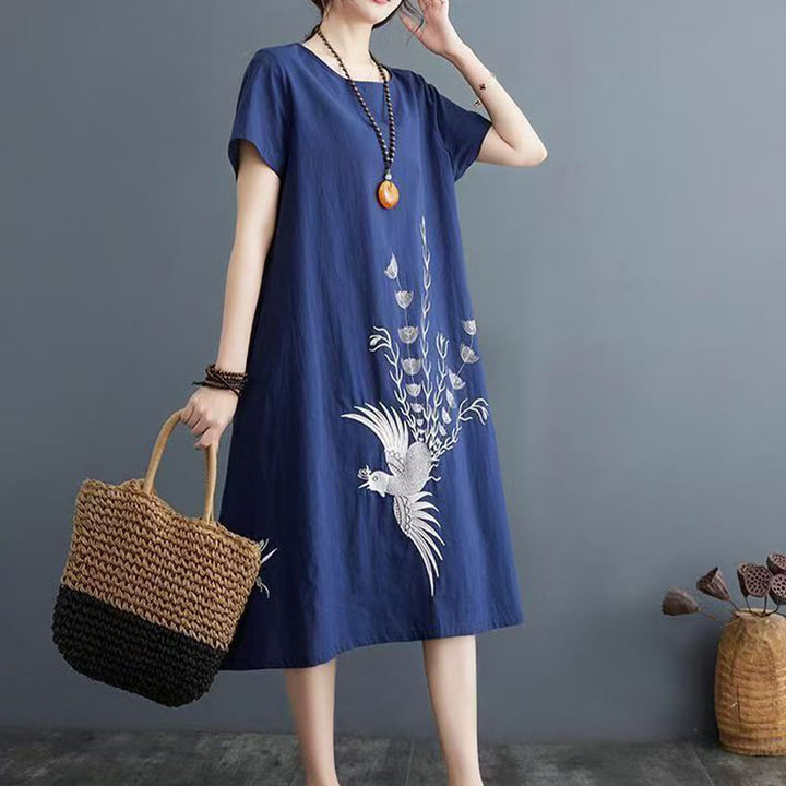 Buddha Stones Summer Printing Phoenix Pattern Short Sleeve Cotton Linen Midi Dress - Navy - US14,UK/AU18,EU46 (4XL) - image 4