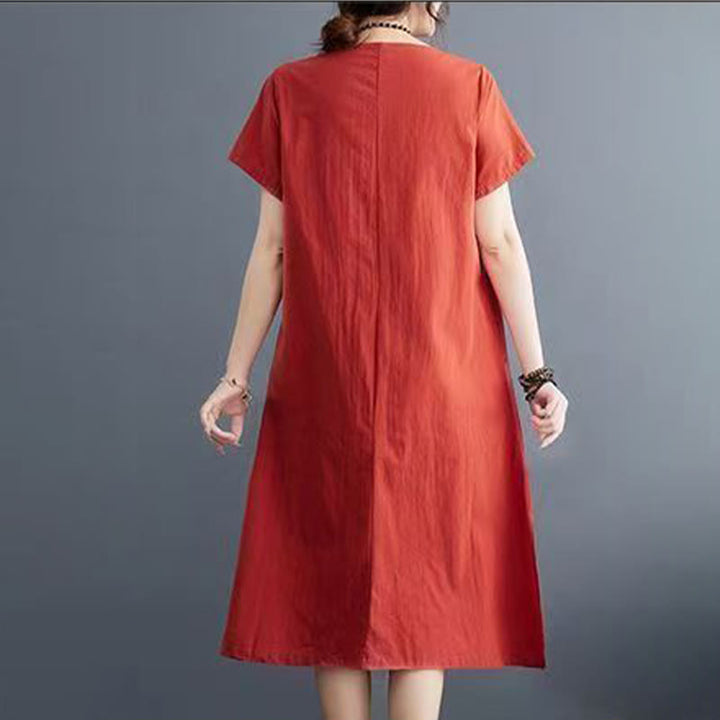 Buddha Stones Summer Printing Phoenix Pattern Short Sleeve Cotton Linen Midi Dress - image 2