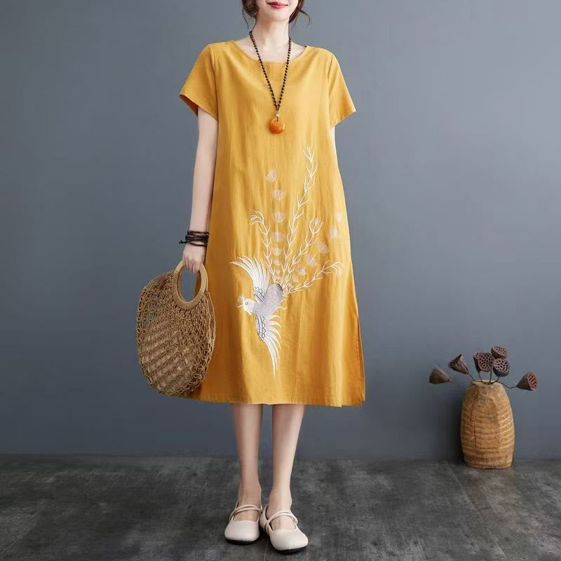 Buddha Stones Summer Printing Phoenix Pattern Short Sleeve Cotton Linen Midi Dress - Gold - US14,UK/AU18,EU46 (4XL) - image 8