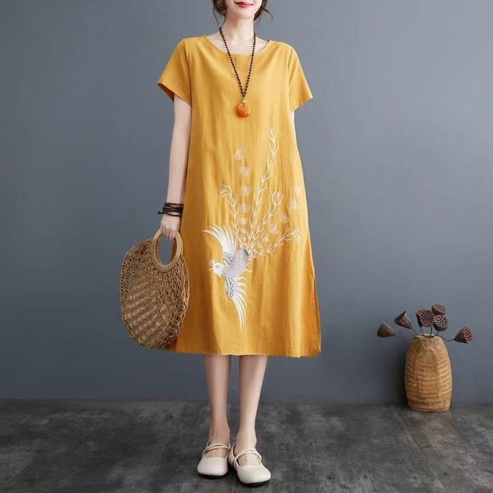 Buddha Stones Summer Printing Phoenix Pattern Short Sleeve Cotton Linen Midi Dress - Gold - US14,UK/AU18,EU46 (4XL) - image 8