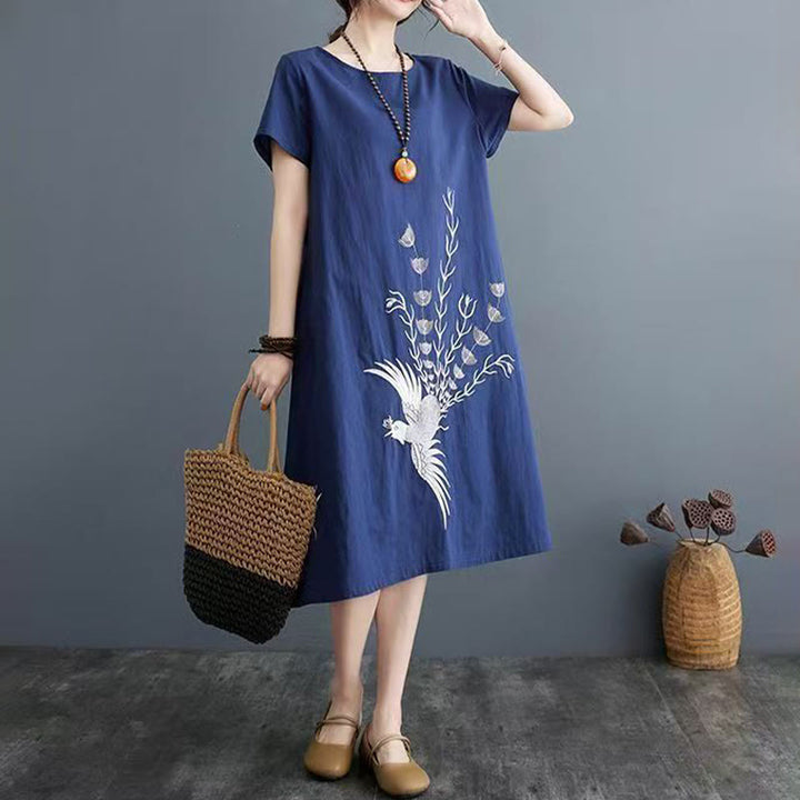 Buddha Stones Summer Printing Phoenix Pattern Short Sleeve Cotton Linen Midi Dress - image 5
