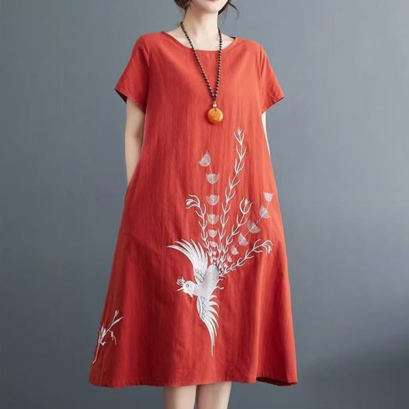 Buddha Stones Summer Printing Phoenix Pattern Short Sleeve Cotton Linen Midi Dress - image 1