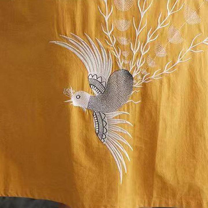 Buddha Stones Summer Printing Phoenix Pattern Short Sleeve Cotton Linen Midi Dress - image 13