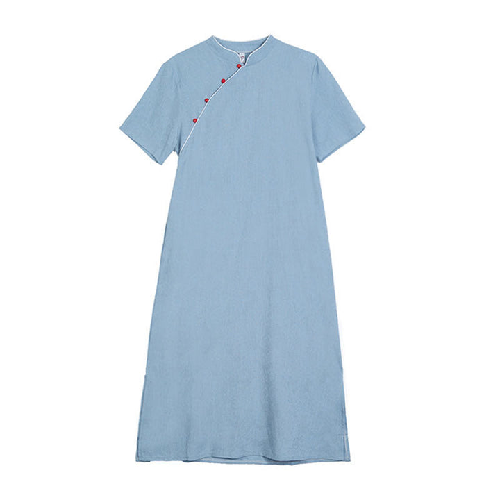 Buddha Stones Jacquard Solid Color Cotton Linen Short Sleeve Cheongsam Qipao Midi Dress With Pockets - image 12