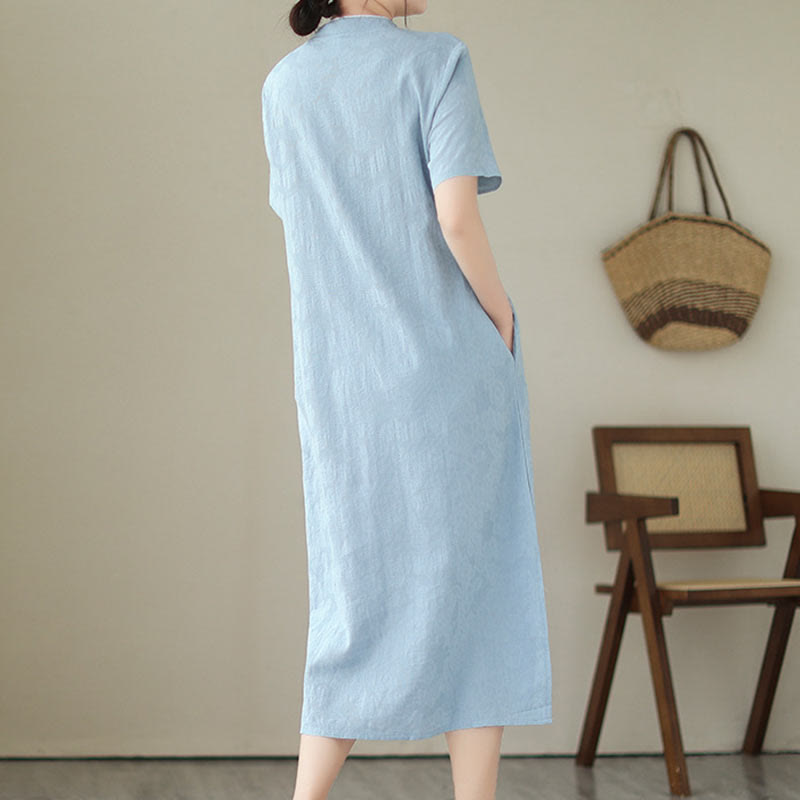 Buddha Stones Jacquard Solid Color Cotton Linen Short Sleeve Cheongsam Qipao Midi Dress With Pockets - image 2
