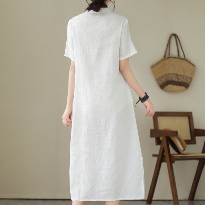 Buddha Stones Jacquard Solid Color Cotton Linen Short Sleeve Cheongsam Qipao Midi Dress With Pockets - image 15