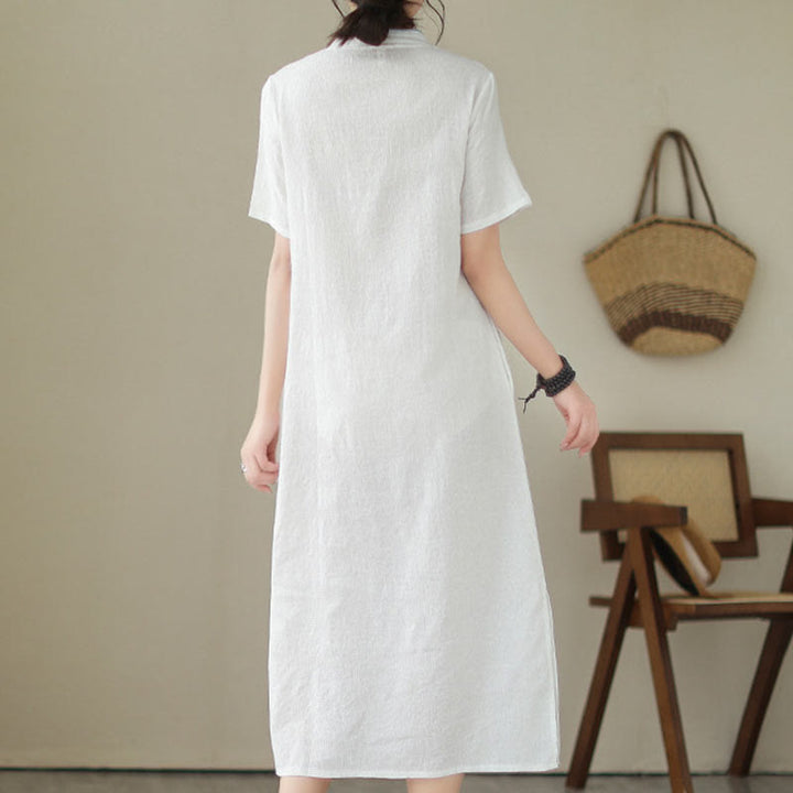 Buddha Stones Jacquard Solid Color Cotton Linen Short Sleeve Cheongsam Qipao Midi Dress With Pockets - image 15